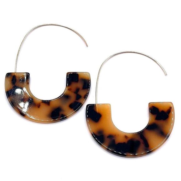 Orange and Black C Shaped Tortoise Shell Acrylic Yellow Gold Hoop Earrings - Picture 1 of 6